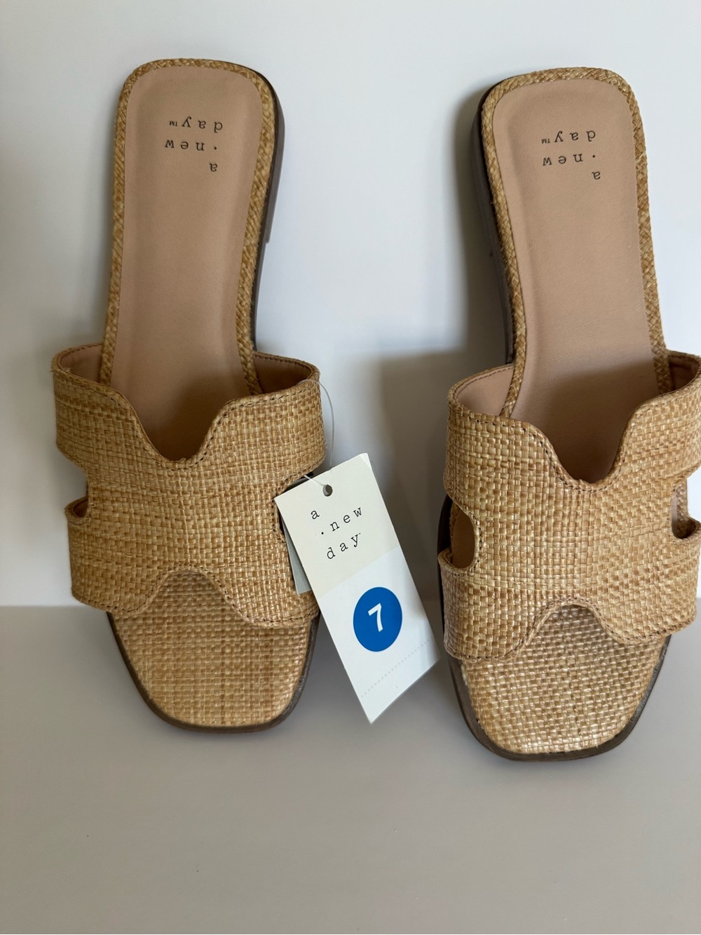 A New Day Women’s Size 7 Raffia Woven H Slide Sandals Tan NEW With Tags
